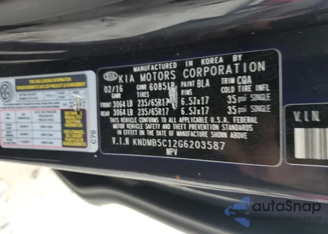 2016 Kia Sedona Lx from USA, damaged, VIN KNDMB5C12G6203587